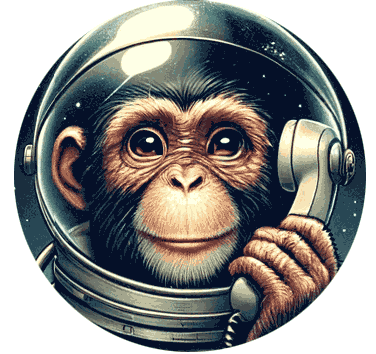 SpaceMonkii abe med rumhjelm og telefon